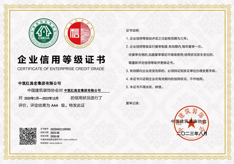 中装协AAA企业信用等级证书